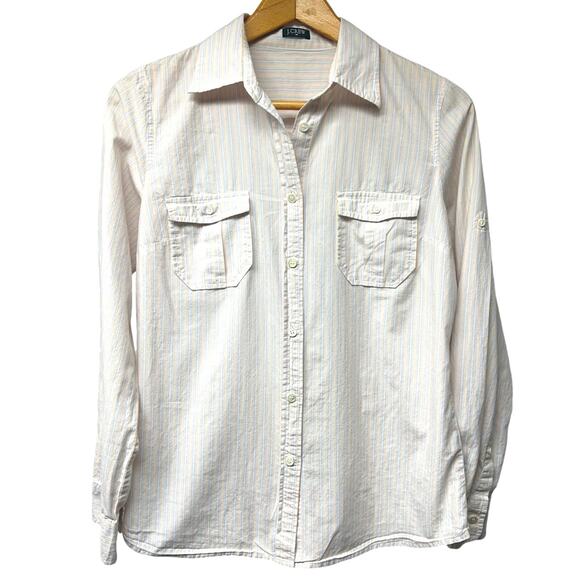 J Crew White Vertical Pastel Pinstripes Button Up Cotton Blouse Sz Small Medium - Picture 1 of 6